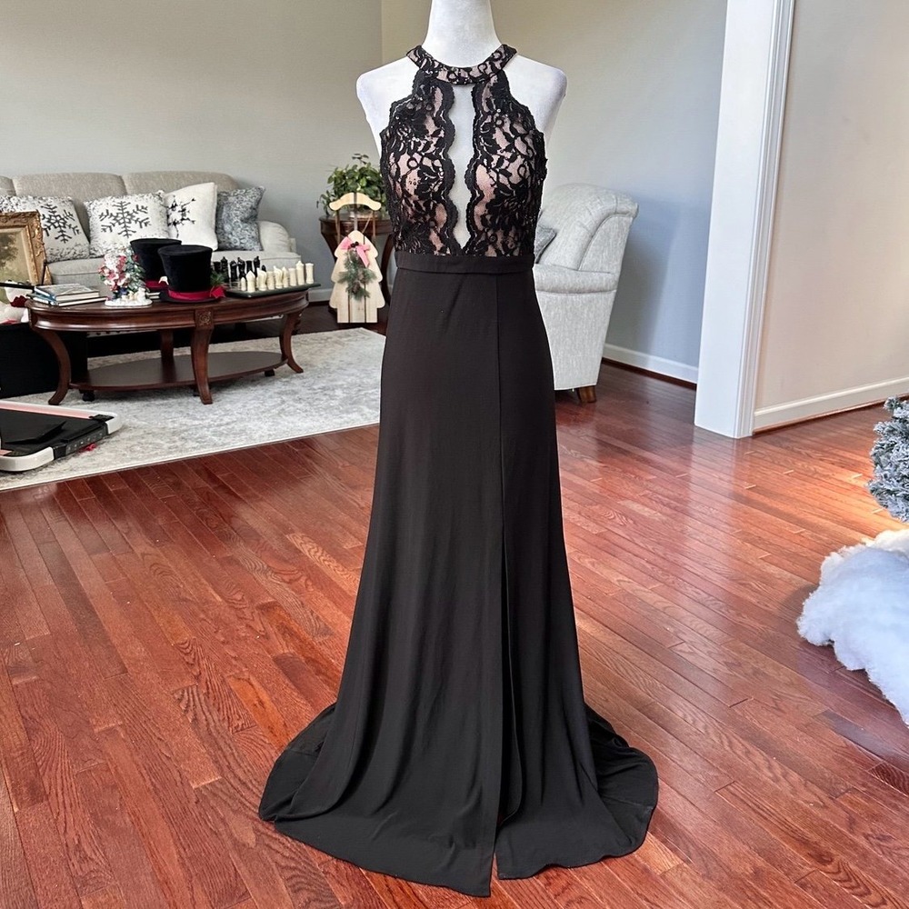 Vintage Morgan & Co Black Lace Keyhole Sexy High Neck Gown Dress Size 0